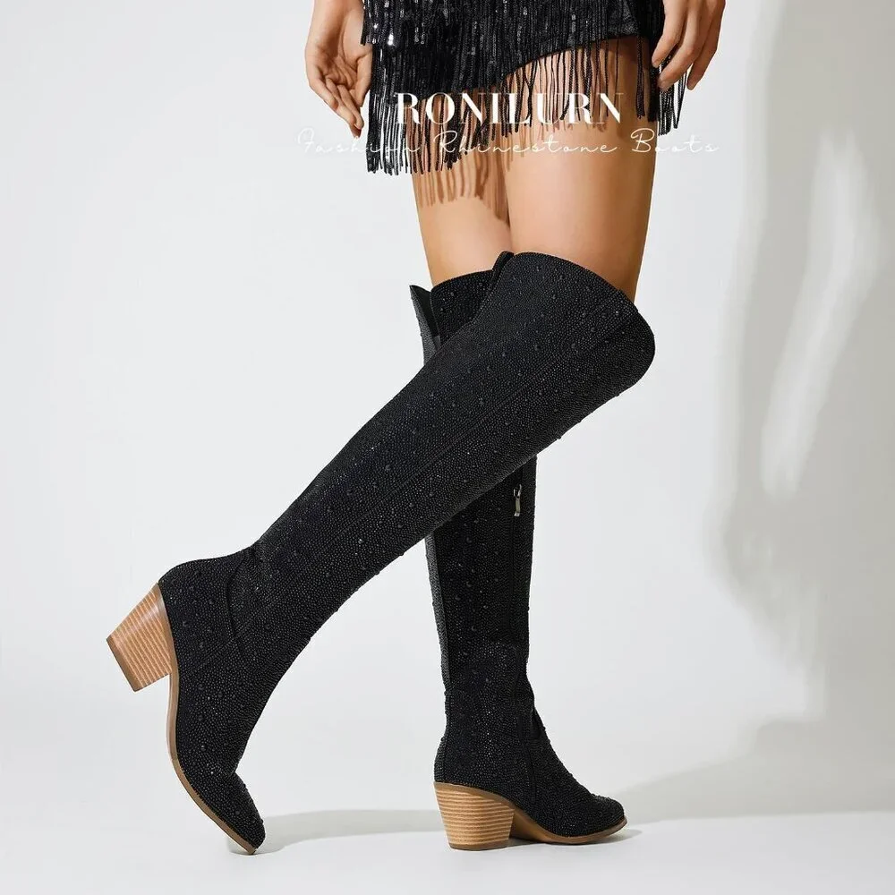 Women Black Faux Leather Sparkly Bling Rhinestone Over the Knee Cowboy Boots